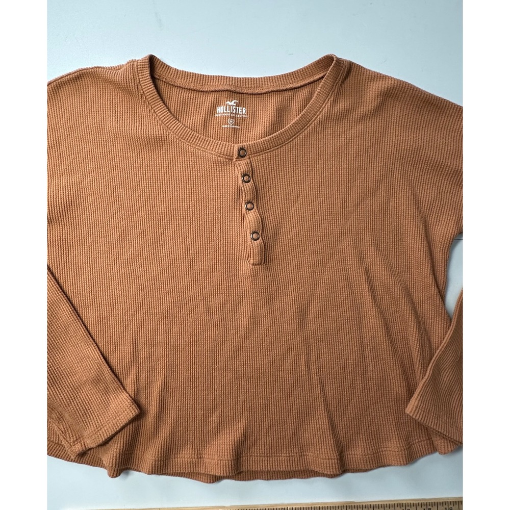Hollister Must-Have Collection Waffle Knit Henley Top Rust Orange Long Sleeve M